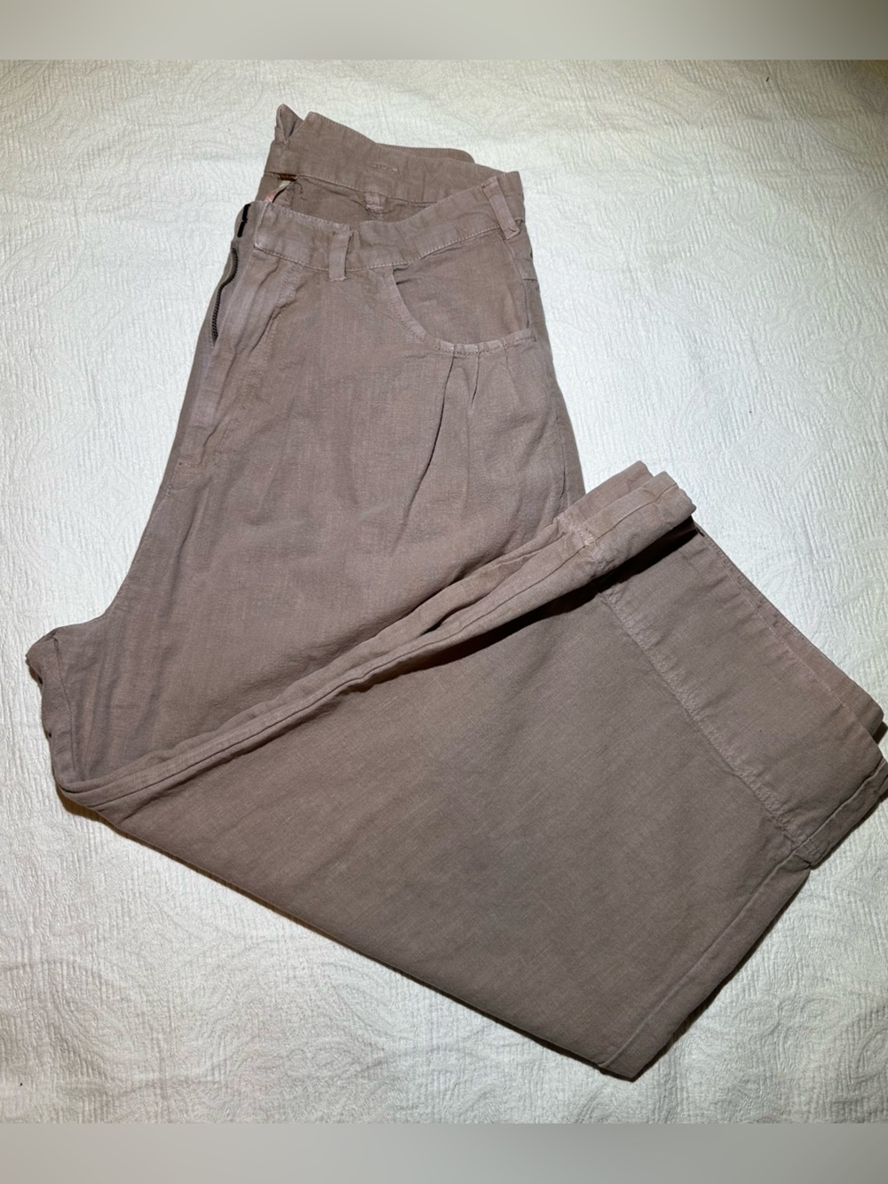 Taupe Linen-Blend Wide Leg Pants